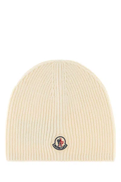 Moncler Hat Virgin Wool Ribbed Beanie In Beige