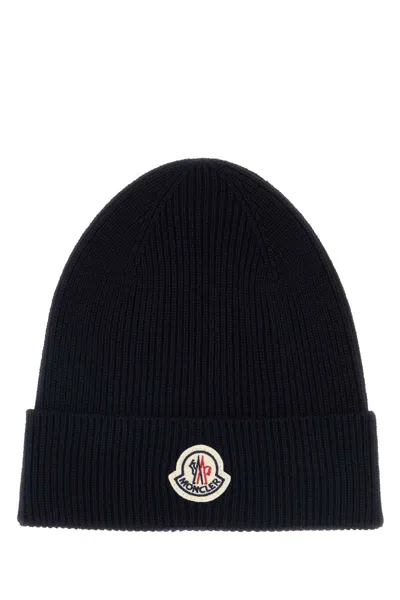 Moncler Hat Virgin Wool Ribbed Beanie In Blue