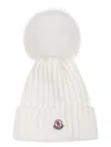 Moncler Virgin Wool Rib Beanie With Faux Fur Pompom In Neutral