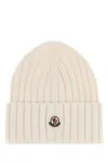 Moncler Ribbed Beanie With Embroidered Logo Detail In Neutral