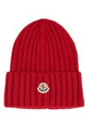 Moncler Cable-knit Wool Beanie With Logo In Burgundy In Red