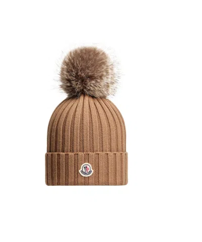 Moncler Hat With Pompom In Brown