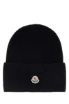 Moncler Ribbed Knit Carded Wool Beanie With Felt Logo Patch In Black