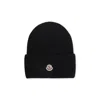 Moncler Ribbed Knit Carded Wool Beanie With Felt Logo Patch In Black