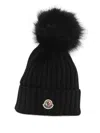 Moncler Ribbed Knit Wool Beanie With Faux Fur Pom-pom In Black