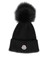 Moncler Ribbed Knit Wool Beanie With Faux Fur Pom-pom In Black