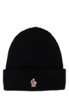 Moncler Grenoble Black Ribbed Beanie With Logo Patch In Wool Man In Black