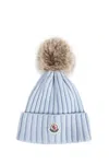 Moncler Ribbed Knit Hat With Fluffy Pom-pom In Blue