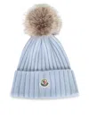 Moncler Ribbed Knit Hat With Fluffy Pom-pom In Blue