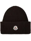 Moncler Dark Brown Wool Blend Beanie Hat In Black