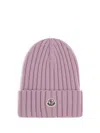 Moncler Logo Patch Rib Wool Beanie In Pink