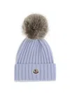 Moncler Ribbed Knit Hat With Fluffy Pom-pom In Blue