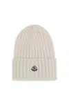 Moncler Ribbed Beanie With Embroidered Logo Detail In White