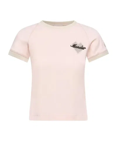 Moncler Light Pink Stretch Jersey Logo And Heart T-shirt