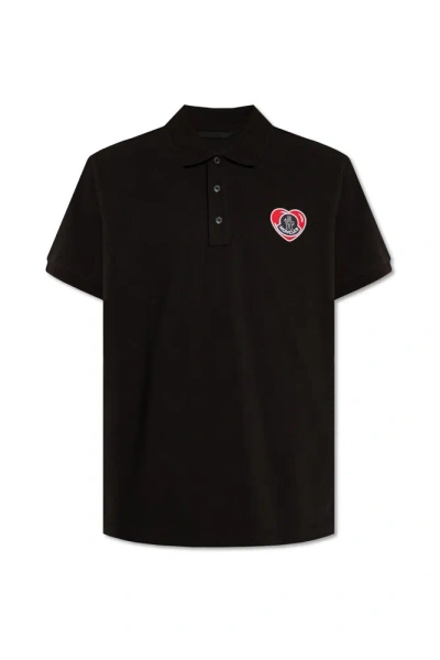 Moncler Heart Logo Patch Polo Shirt In Black