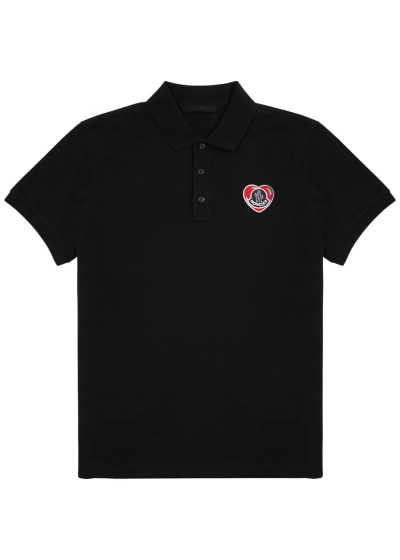 Moncler Heart Logo Piqué Cotton Polo Shirt In Black