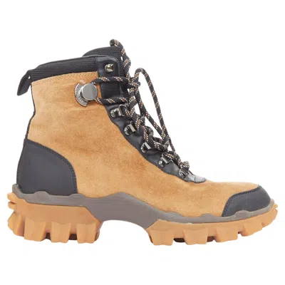 Pre-owned Moncler Helis Brown Sided Leather Black Hiking Ankle Boots Eu37