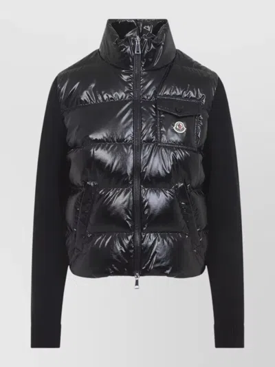 Moncler High Collar Cardigan Quilted Design Ribbed Cuffs In Black