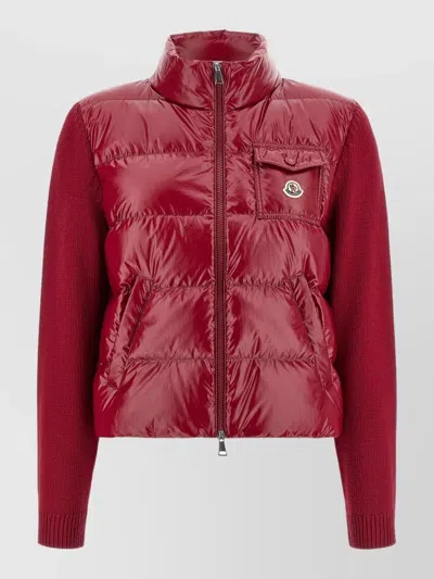 Moncler High Collar Cardigan Quilted Front Ribbed Cuffs In Red