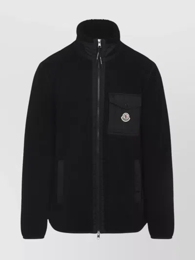 Moncler High Collar Fleece Cardigan Chest Pocket In Multi