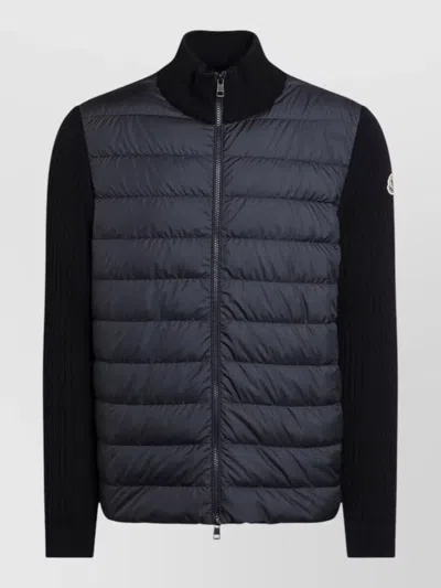Moncler High Collar Jacket Quilted Front Ribbed Sleeves In Blue