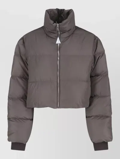 Moncler High Collar Padded Coat Ribbed Cuffs Pockets In Gray