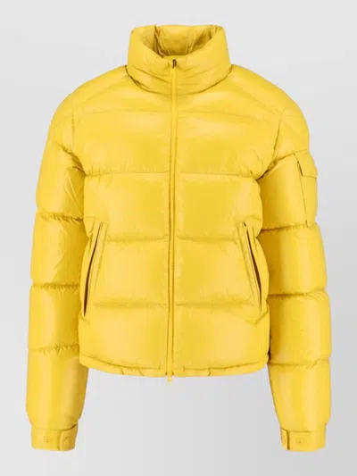 Moncler High Collar Padded Jacket Side Zip Pockets In Yellow