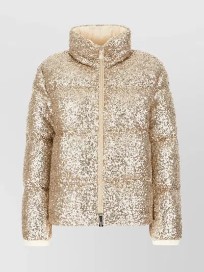 Moncler High Collar Puffer Style Sequin Embellished Jacket In Platinum