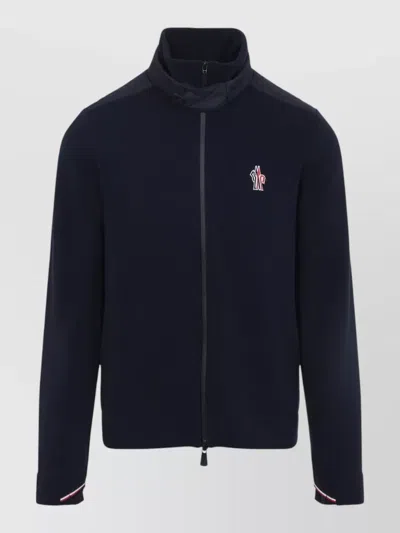 Moncler High Collar Zip Cardigan Ribbed Cuffs In Blue