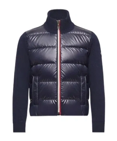 Moncler High Neck Long Sleeve Down Cardigan In Blue