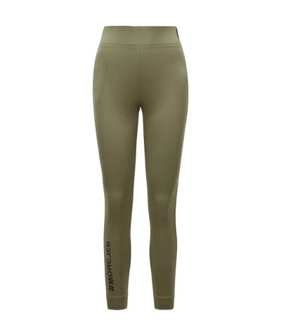 Moncler High-waist Rubberised-logo Leggings In Green