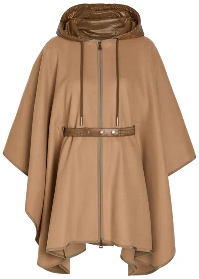 Moncler Hooded Belted Wool-blend Cape Coat In Brown