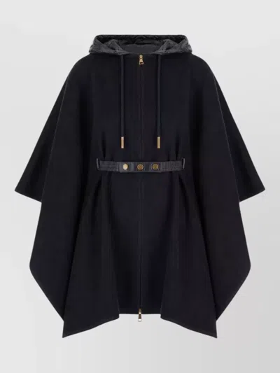 Moncler Hooded Cape Coat Belted Waist Buttons In Black