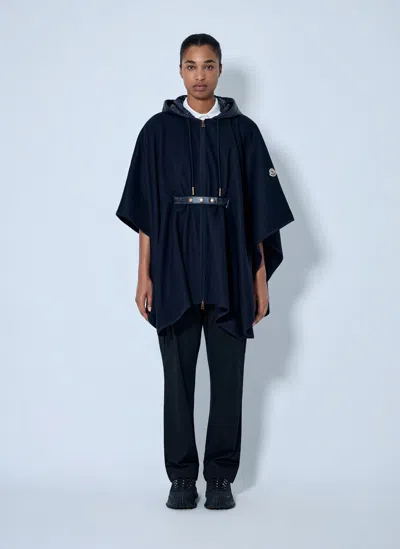 Moncler Hooded Cape With Belted Waist In Blue