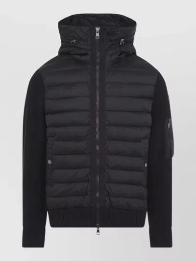 Moncler Hooded Cardigan Quilted Front Wool Knit In Black