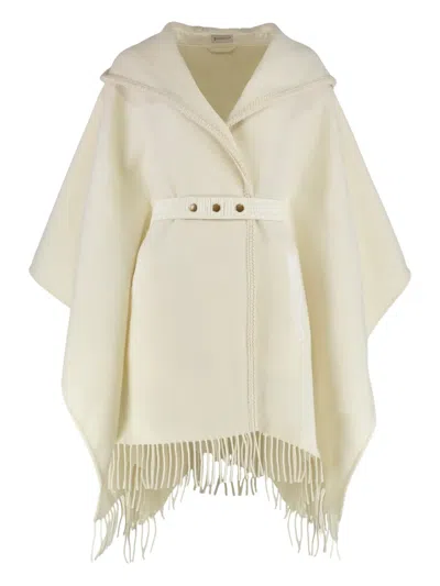 Moncler Hooded Fringed Belt Cape In Neutral