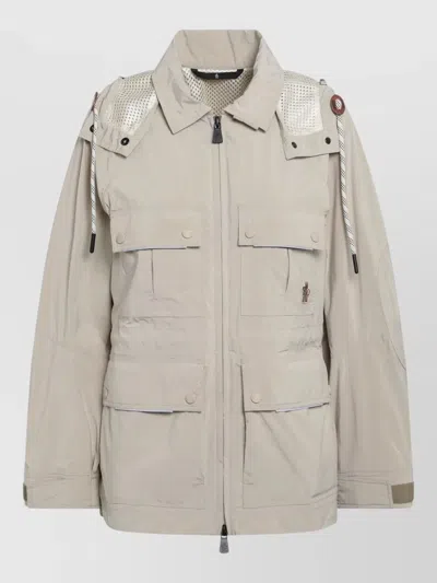 Moncler Hooded Jacket Shoulder Epaulettes Flap Pockets In Gray