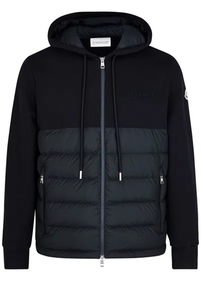 Moncler Logo-appliquéd Panelled Cotton-jersey And Quilted Shell Down Zip-up Hoodie In Blue