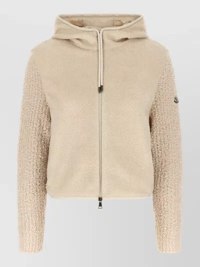 Moncler Hooded Knit Cardigan Textured Long Sleeve In Neutral