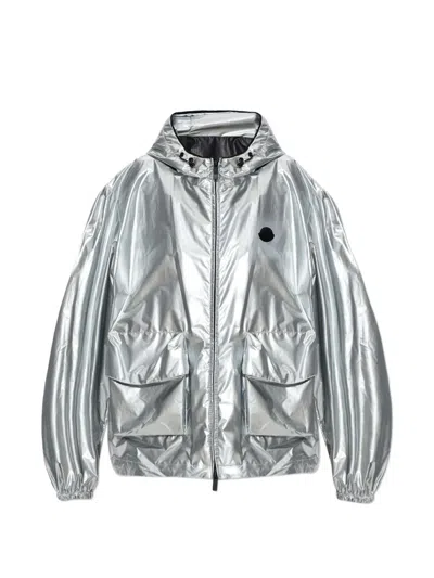 Moncler Ylang Hooded Bomber Jacket Drawstring Hem In Silver
