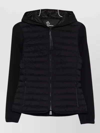 Moncler Hooded Quilted Cardigan Jacket Drawstring Waist In Black