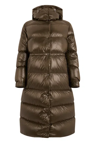 Moncler Cavettaz Hooded Long Down Jacket In Multi
