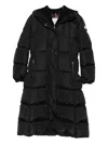 Moncler Long Hooded Quilted Coat Side Pockets In Black