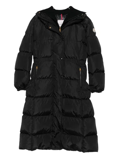 Moncler Long Hooded Quilted Coat Side Pockets In Black