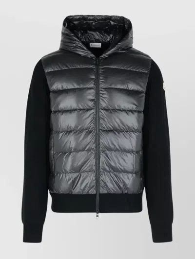 Moncler Hooded Quilted Sweater Ribbed Sleeves In Black