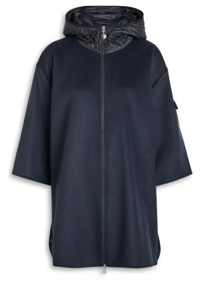 Moncler Hooded Shell And Wool-blend Cape Coat In Blue