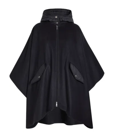 Moncler Hooded Shell And Wool-blend Cape Coat In Black