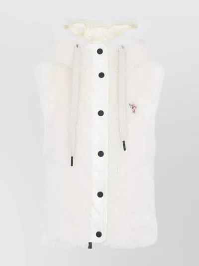 MONCLER HOODED SLEEVELESS FAUX FUR JACKET WITH DRAWSTRING