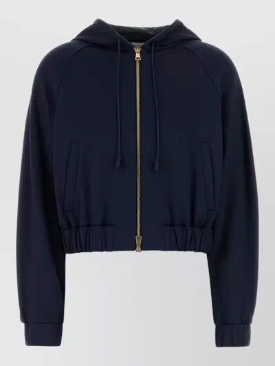Moncler Hooded Stretch Jersey Cropped Sweatshirt Pockets In Blue