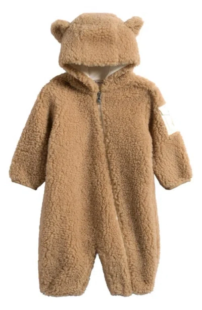 Moncler Kids'  Hooded Teddy Bear High Pile Fleece Zip Romper In Brown
